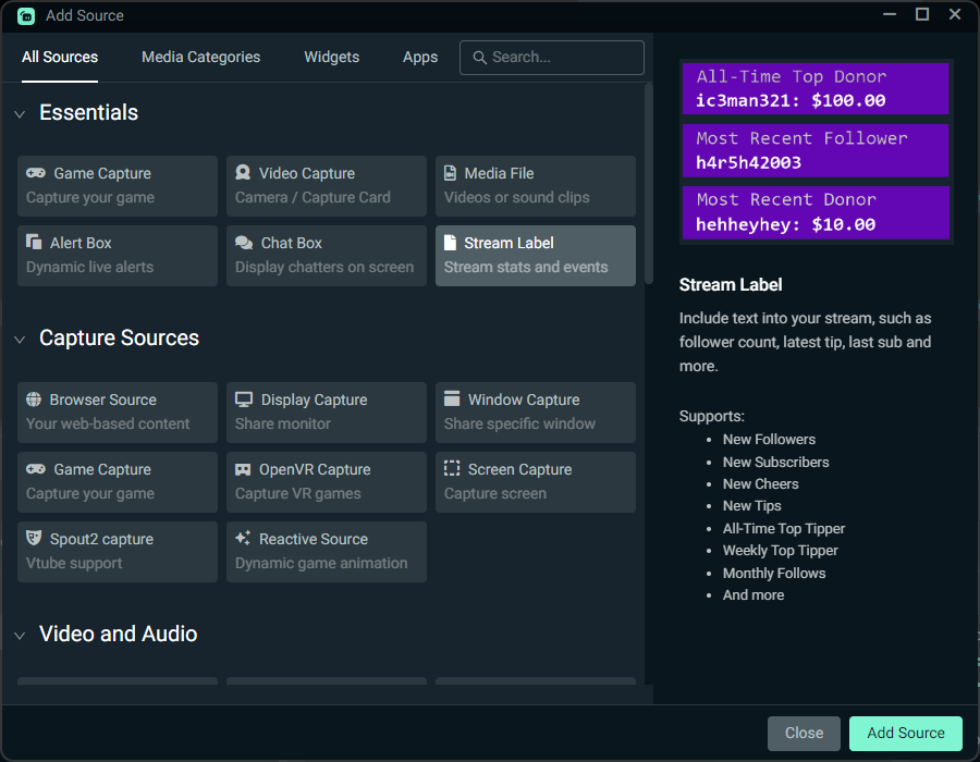 Sources options in Streamlabs Desktop